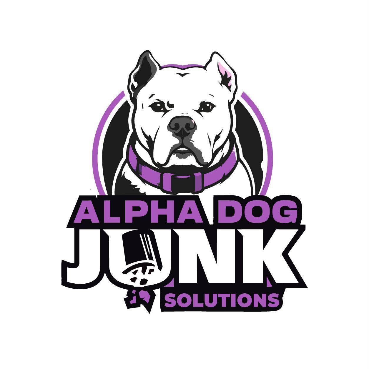 Alpha Dog Junk Solutions logo — dog emblem with green leaves and truck